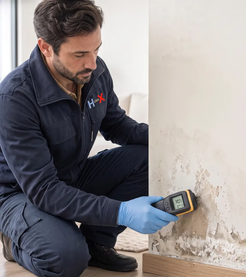 Rising damp and blown plaster at the bottom of a wall in Rochdale